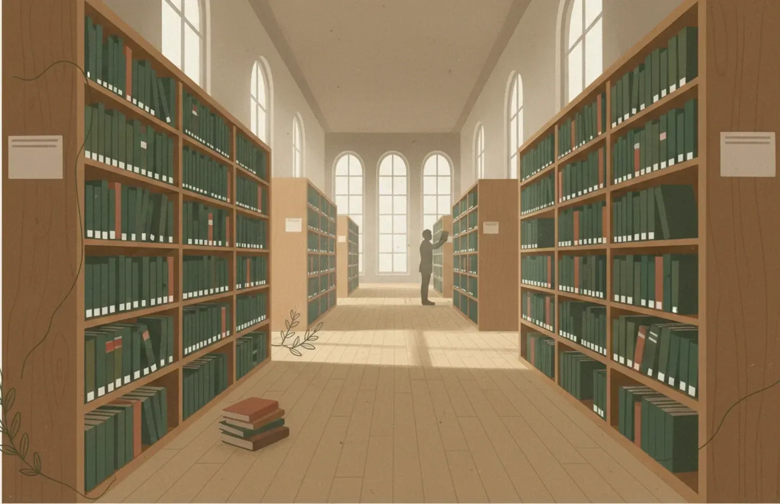 A long library aisle between tall wooden shelves of dark green books, each spine with a small white label near its foot, arched windows at the far end and a reader taking a book from a shelf.